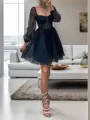 Square A-line Modest Long Sleeves Ruffles Short/Mini Corset Homecoming Dress