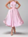 Refined Bow Halter A-line Tea-Length Satin Homecoming Dress