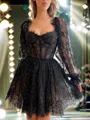 A-line Unique Long Square Sleeves Appliques Lace Short/Mini Tulle Corset Homecoming Dress