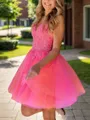 Hermosos V-Neck A-line Appliques Lace Short/Mini Tulle Homecoming Dress
