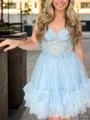 Appliques V-Neck A-line Elegant Lace Short/Mini Tulle Corset Homecoming Dress