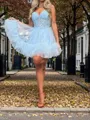 Appliques V-Neck A-line Elegant Lace Short/Mini Tulle Corset Homecoming Dress
