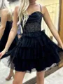 Captivating A-line Spaghetti Straps Cascading Ruffles Short/Mini Tulle Corset Homecoming Dress