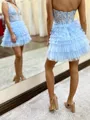Striking A-line Halter Cascading Ruffles Short/Mini Tulle Corset Homecoming Dress