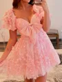 Magnificent A-line Sweetheart Short Sleeves Bow Short/Mini Lace Homecoming Dress
