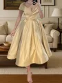 Stunning A-line V-Neck Pleated Tea-Length Satin Corset Homecoming Dress
