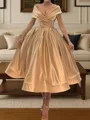 Stunning A-line V-Neck Pleated Tea-Length Satin Corset Homecoming Dress