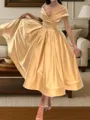 Stunning A-line V-Neck Pleated Tea-Length Satin Corset Homecoming Dress