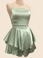 Breathtaking A-line Spaghetti Straps Cascading Ruffles Short/Mini Silk Like Satin Homecoming Dress