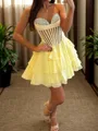 Hermosos A-line Sweetheart Cascading Ruffles Short/Mini Satin Corset Homecoming Dress