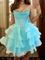 Glamorous A-line Sweetheart Cascading Ruffles Short/Mini Organza Corset Homecoming Dress