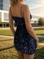 Grand Sheath Spaghetti Straps Sequin Short/Mini Velvet Sequins Homecoming Dress