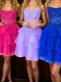 Captivating A-line Straight Appliques Lace Short/Mini Tulle Corset Homecoming Dress