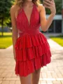 Unforgettable A-line V-Neck Cascading Ruffles Short/Mini Stretch Crepe Homecoming Dress