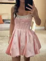 Charming A-line Straight Rhinestone Short/Mini Satin Corset Homecoming Dress