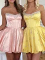 Charming A-line Straight Rhinestone Short/Mini Satin Corset Homecoming Dress