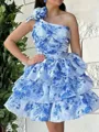 Delicate A-line One-Shoulder Cascading Ruffles Short/Mini Corset Homecoming Dress