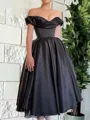 Graceful A-line Off-the-Shoulder Pleated Tea-Length Satin Corset Homecoming Dress