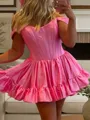 Stunning A-line Off-the-Shoulder Ruffles Short/Mini Taffeta Corset Homecoming Dress
