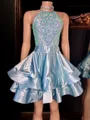 Elegant A-line Halter Cascading Ruffles Short/Mini Silk Like Satin Homecoming Dress