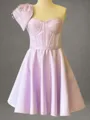 Stunning A-line One-Shoulder Beading Short/Mini Satin Corset Homecoming Dress