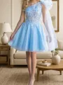Glam A-line One-Shoulder Appliques Lace Short/Mini Tulle Corset Homecoming Dress
