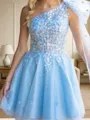 Glam A-line One-Shoulder Appliques Lace Short/Mini Tulle Corset Homecoming Dress