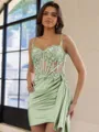Glamorous Sheath Appliques Lace Short/Mini Silk Like Satin Corset Homecoming Dress