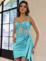 Glamorous Sheath Appliques Lace Short/Mini Silk Like Satin Corset Homecoming Dress