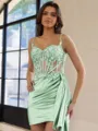 Glamorous Sheath Appliques Lace Short/Mini Silk Like Satin Corset Homecoming Dress
