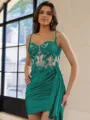Glamorous Sheath Appliques Lace Short/Mini Silk Like Satin Corset Homecoming Dress