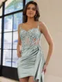 Glamorous Sheath Appliques Lace Short/Mini Silk Like Satin Corset Homecoming Dress