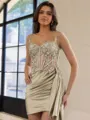 Glamorous Sheath Appliques Lace Short/Mini Silk Like Satin Corset Homecoming Dress