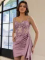 Glamorous Sheath Appliques Lace Short/Mini Silk Like Satin Corset Homecoming Dress