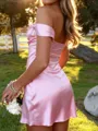 Glam Sheath Off-the-Shoulder Pleated Short/Mini Silk Like Satin Homecoming Dress