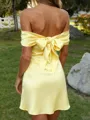 Glamorous Sheath Off-the-Shoulder Bow Short/Mini Silk Like Satin Homecoming Dress