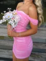 Show-stopping Sheath Off-the-Shoulder Pleated Short/Mini 30D Chiffon Corset Homecoming Dress