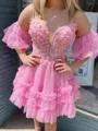 Fashion-forward A-line Spaghetti Straps Short Sleeves Appliques Lace Short/Mini Corset Homecoming Dress