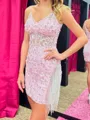 Classy Sheath V-Neck Beading Short/Mini Lace Corset Homecoming Dress