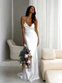 Sheath/Column Tight Spaghetti Straps Sleeveless Sweep Train Silk like Satin Wedding Dress With Ruched