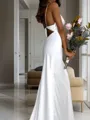 Sheath/Column Tight Spaghetti Straps Sleeveless Sweep Train Silk like Satin Wedding Dress With Ruched