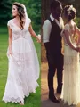 A-line V-Neck Short Sleeves Elegant Floor-Length Lace Wedding Dress With Ruched