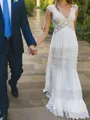A-line V-Neck Short Sleeves Elegant Floor-Length Lace Wedding Dress With Ruched