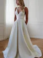 A-line V-Neck Sleeveless Sweep Train Charming Stretch Crepe Wedding Dress With Ruffles