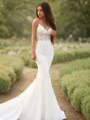 Flattering Trumpet/Mermaid Spaghetti Straps Sleeveless Court Train Stretch Crepe Wedding Dress With Applique