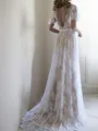 A-line V-Neck Stunning Short Sleeves Sweep Train Lace Wedding Dress With Sash