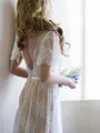 A-line V-Neck Stunning Short Sleeves Sweep Train Lace Wedding Dress With Sash