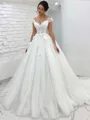 A-line Princess Scoop Short Sleeves Sweep Train Dreamy Tulle Wedding Dress