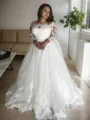 Trendy A-line Princess Off-the-Shoulder Long Sleeves Court Train Tulle Wedding Dress With Lace