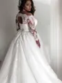 Trendy A-line Princess Off-the-Shoulder Long Sleeves Court Train Tulle Wedding Dress With Lace